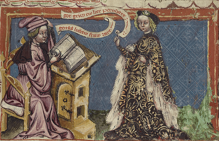 Ein Schreiber an seinem Pult im Gespräch mit einer Dame. Das Gespräch wird durch Spruchbänder dargestellt. Das Bild ist eine einleitende Darstellung zu einer Weltchronik, die um 1410 entstand.