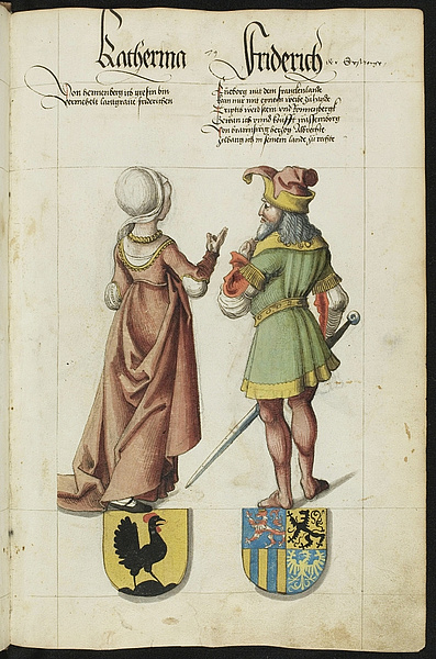 Friedrich von Sachsen im Gespräch mit seiner Frau Katherina, beide werden als Rückenfiguren dargestellt. Das sächsische Stammbuch wurde um 1500 begonnen und ende des 16. Jahrhunderts abgeschlossen.