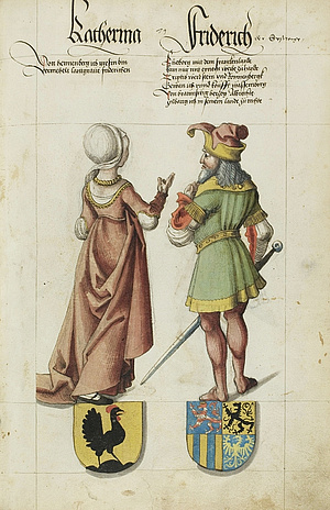 Friedrich von Sachsen im Gespräch mit seiner Frau Katherina, beide werden als Rückenfiguren dargestellt. Das sächsische Stammbuch wurde um 1500 begonnen und ende des 16. Jahrhunderts abgeschlossen.