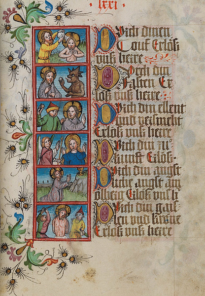 Gebetbuchseite: Szenen aus dem Leben Jesu, darunter die Taufe, Verspottung, Verkündigung, das Gebet am Ölberg. Die Handschrift entstand 1476 und befindet sich heute in der Landesbibliothek in Stuttgart. 
