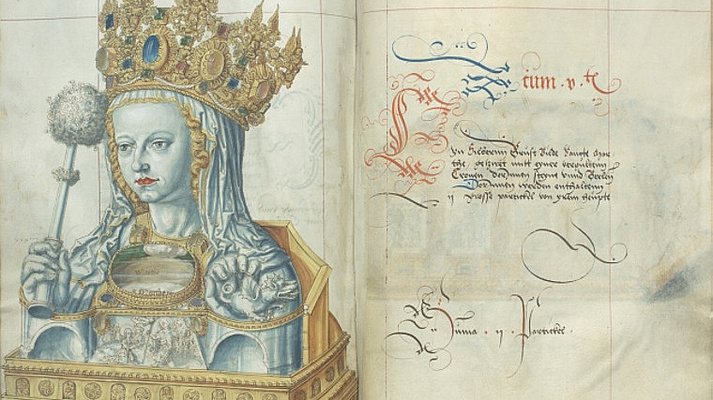 Aufgeschlagene Seite: Heiltumsbuch mit Reliquiar der Heiligen Martha. Heute in der Hofbibliothek in Aschaffenburg.
