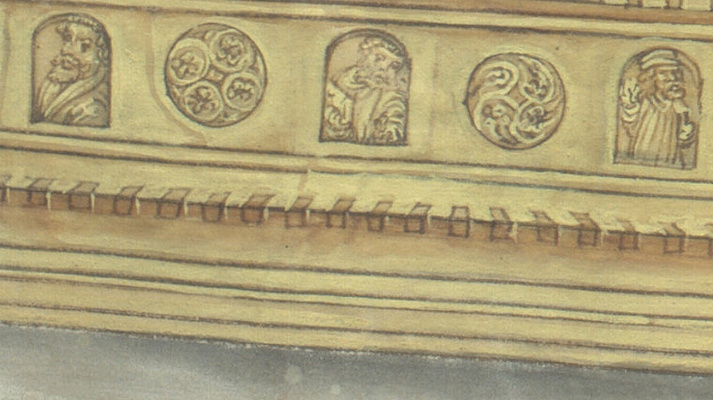 Detail aus einem Heiltumsbuch: Sockelzone eines Reliquienschreins