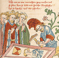 Szene aus dem spätmittelalterlichen Roman "Flore und Blanscheflur": Der König und die Königin beauftragen einen Bildhauer mit der Anfertigung eines Grabsteins. 