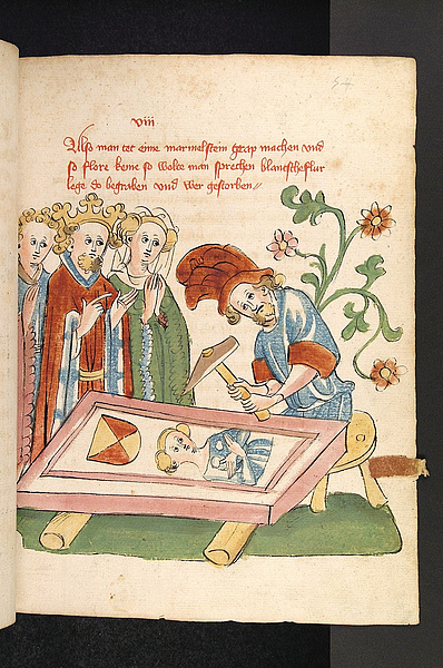 Szene aus dem spätmittelalterlichen Roman "Flore und Blanscheflur": Der König und die Königin beauftragen einen Bildhauer mit der Anfertigung eines Grabsteins. 